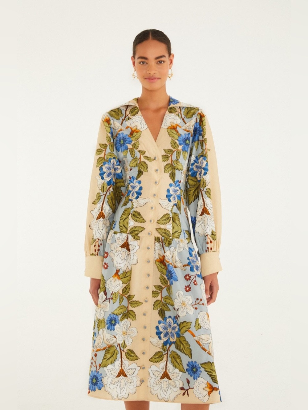 Farm Rio: GARDEN SCARF BLUE LONG SLEEVE MIDI DRESS - Picture 2 of 10